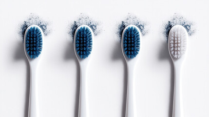 Pristine image of four toothbrushes with blue and white bristles, showcasing dental hygiene tools. Ideal for promoting oral care and cleanliness