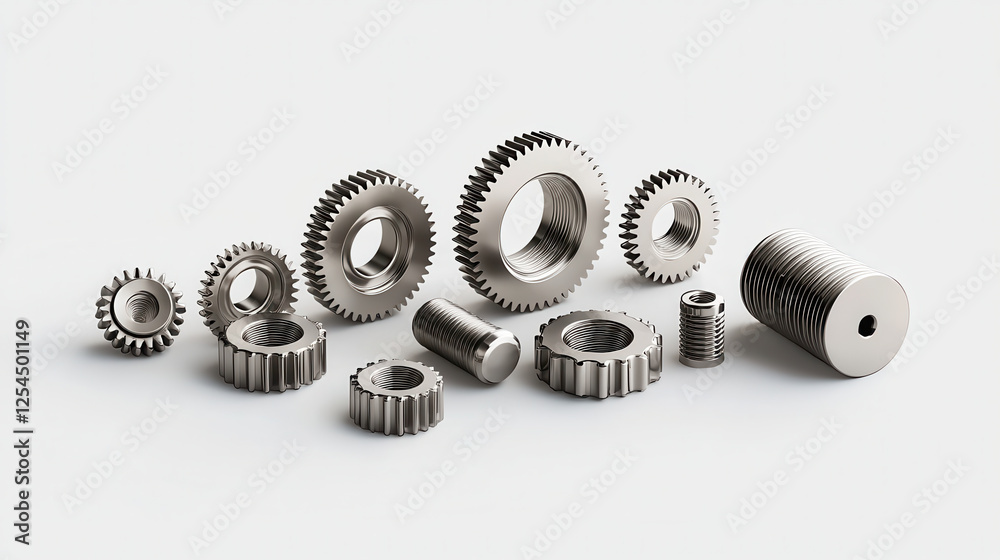 Poster professional grade 3d depiction of shiny silver gears and fasteners, showcasing intricate designs an
