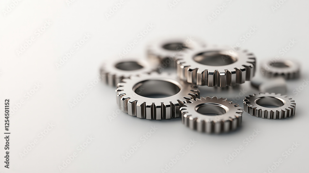 Poster shiny silver gears arranged on light background, showcasing intricate details and textures. ideal fo