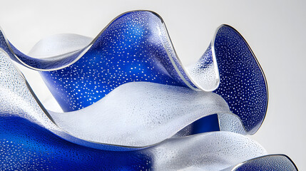 Obraz premium Blue and white abstract sculpture set against a white background with tulips in the foreground