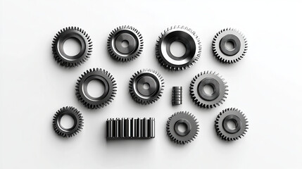 Professional grade 3D depiction of shiny silver gears arranged artistically, showcasing intricate designs and textures. Ideal for engineering and mechanical themes