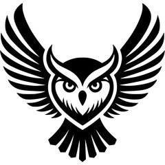 Obraz premium Tattoo of flying owl with spread wings front view in monochrome. Engraving minimalistic vector in black ink drawing on transparent background