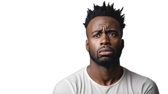 Puzzled young man raising eyebrows with transparent background