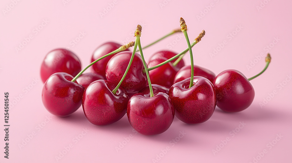 Poster fresh dark red cherries with vibrant green stems on soft pink background create delightful and appet