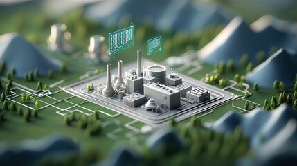 realistic depiction of power plant surrounded by mountains and greenery, showcasing modern technology and energy production. scene conveys innovation and sustainability