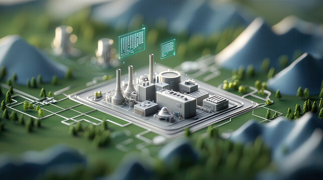 realistic depiction of power plant surrounded by mountains and greenery, showcasing modern technology and energy production. scene conveys innovation and sustainability