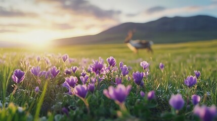 Obraz premium Sunset wildflowers, deer, mountain meadow