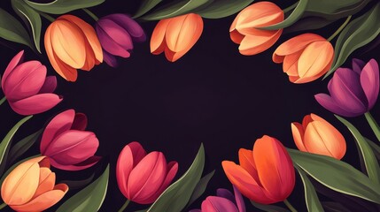 Fototapeta premium Vibrant Spring Blooms: Colorful Tulips Frame Signifying Seasonal Beauty and Renewal on Dark Background