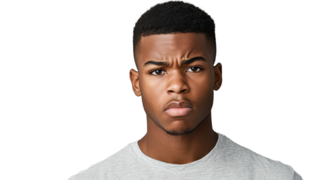 Serious young man frowning with intense displeasure on transparent background