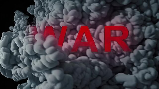 3d lettering red text war against dark smoke background, dramatic tension concept