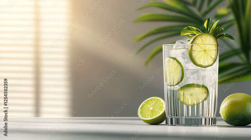 Poster refreshing light yellow drink in tall glass with lime slices and ice, surrounded by fresh limes and 