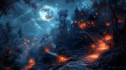A lonely lantern-lit path winding through a haunted forest under a sinister pumpkin moon