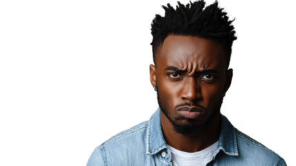 Serious young man frowning and showing displeasure on transparent background