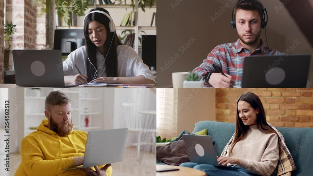 Poster Four people focused on their laptops while studying or working from home, showcasing different environments and attire. A blend of concentration and modern workspace is highlighted.