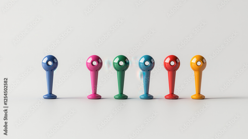 Poster colorful location pins in row, showcasing vibrant hues of pink, green, blue, and orange. these pins 