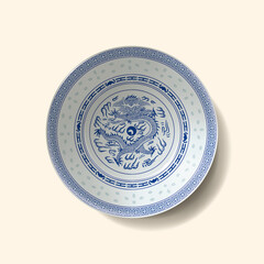 Chinese Blue and White Porcelain Ling Long Plate Realistic Illustration.