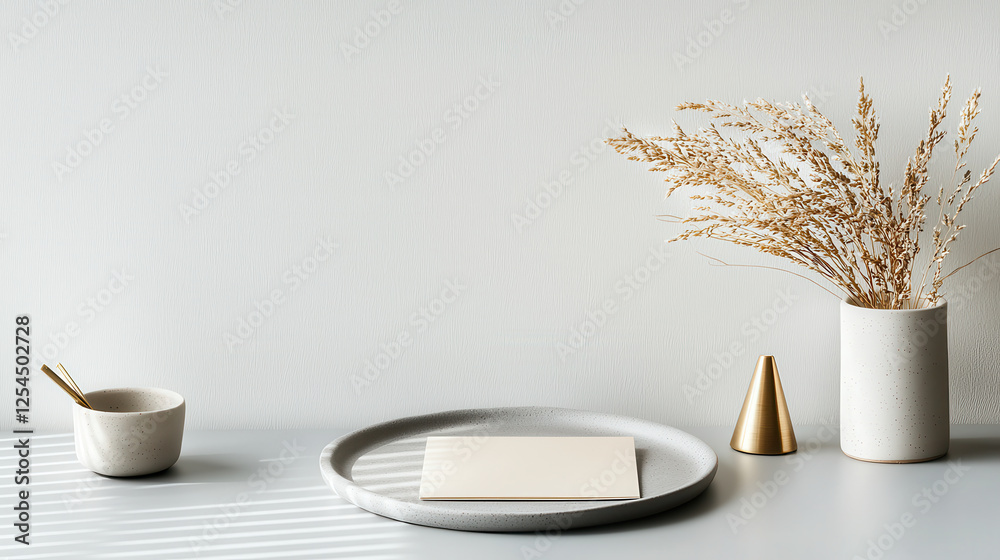 Poster serene and luxurious minimalistic composition featuring tray, notebook, vase with dried flowers, and