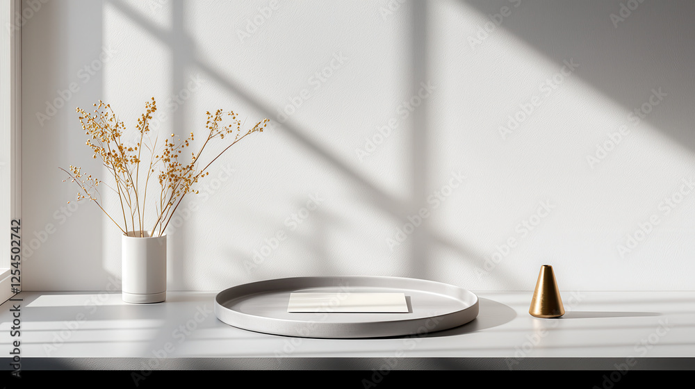 Poster serene and luxurious minimalistic composition featuring round tray, white vase with dried flowers, a