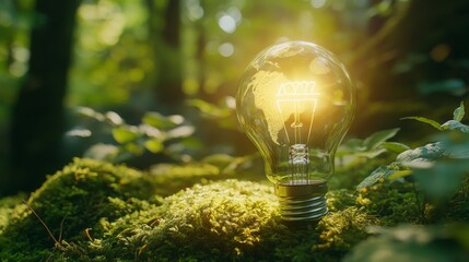 Green light bulb with an Earth globe. Renewable green power concept.