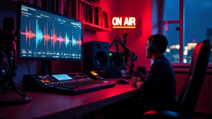 Man working in modern live radio studio with glowing On Air sign. Sleek microphone, headphones, LED-lit mixing console, soundproof walls, big computer screen and window overlooking nighttime cityscape