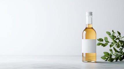 Glass bottle with blank label, light drink, white background, greenery