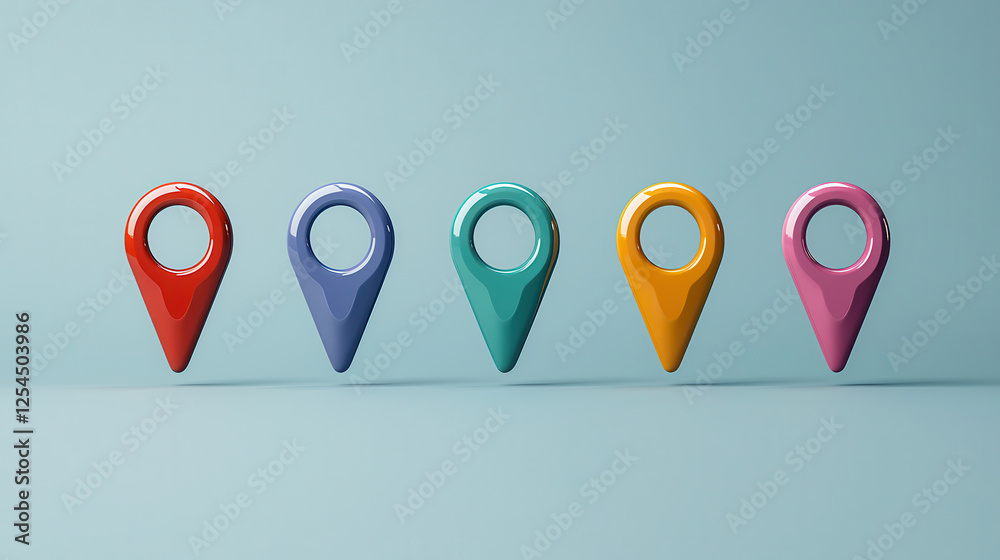Fototapete sleek row of colorful 3d location markers in glossy finish, showcasing vibrant hues. perfect for dig