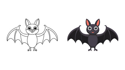 Obraz premium Bat coloring page with a colored example in cartoon style for kids' activities, animal learning books, and creative fun, isolated on a white background sheet