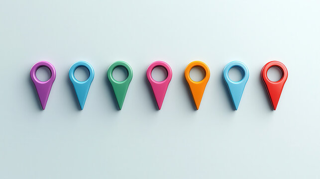 Sleek row of seven colorful 3D location markers in various shades, showcasing vibrant design and modern aesthetics. Perfect for digital mapping and navigation concepts