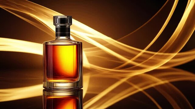 Amber Elixir: A bottle of amber liquid reflects the warm, glowing abstract background, creating a sophisticated and luxurious visual.  