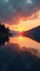 Obraz premium Warm golden light reflects on serene lake surface at dusk, natural, water, serene