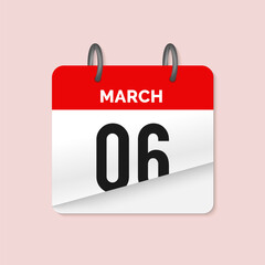 6th March daily calendar icon template. March 6 day calendar design. Single day calendar in vector illustration flat style.