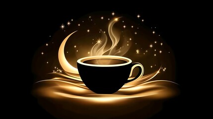 Golden Coffee Cup Under Crescent Moon And Stars