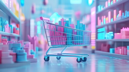A colorful shopping cart filled with vibrant blocks stands in an artistic aisle, showcasing a whimsical, modern grocery store scene.