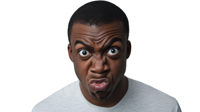 Young man making funny face with transparent background