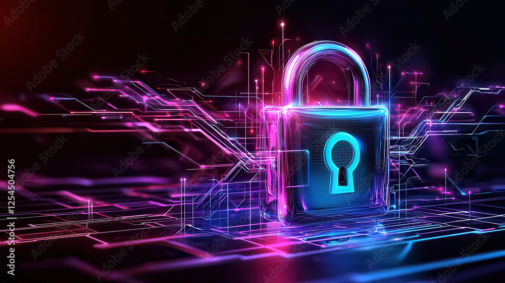 Poster vibrant depiction of network security featuring glowing padlock symbolizing protection and data safe