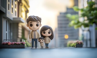 there are two figurines of a couple and a child on a city street