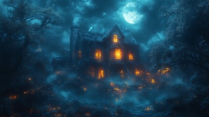 A haunted house with glowing windows and shadowy figures inside under a spooky moon