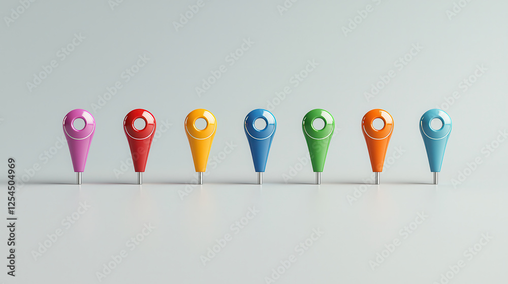 Poster visually striking row of seven colorful 3d location pins in various shades, showcasing vibrant desig