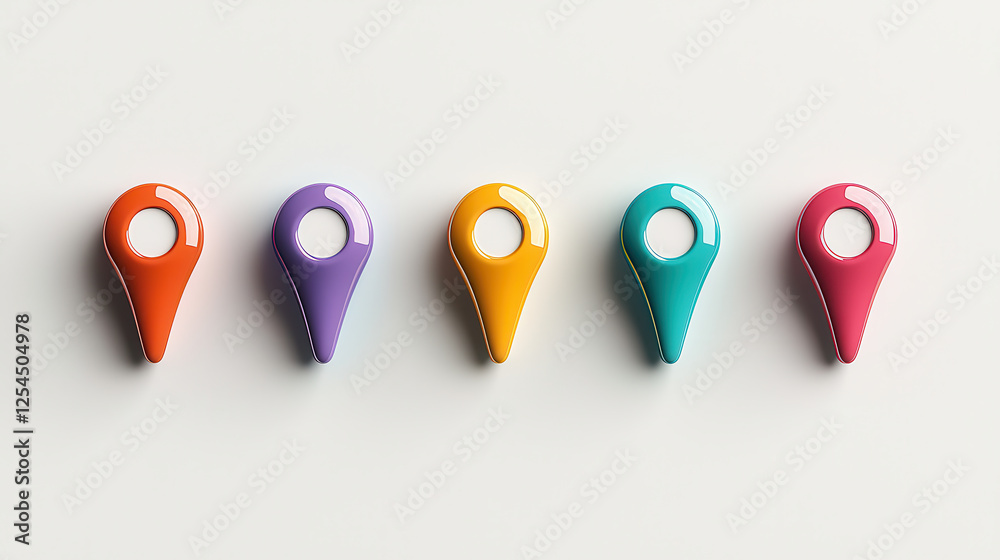 Aufkleber colorful location pins arranged in row, showcasing vibrant hues and glossy finishes, perfect for dig