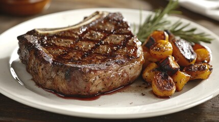 A succulent gourmet steak, expertly cooked, served with roasted vegetables on a white ceramic plate for elegance.