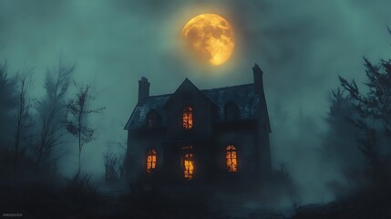 Fototapeta premium A haunted house with glowing windows and shadowy figures inside under a spooky moon