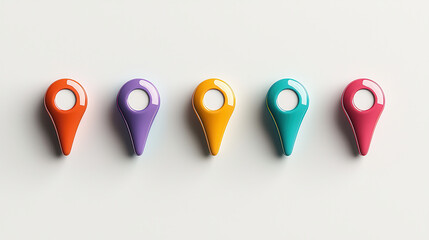 Colorful location pins arranged in row, showcasing vibrant hues and glossy finishes, perfect for digital mapping or navigation themes