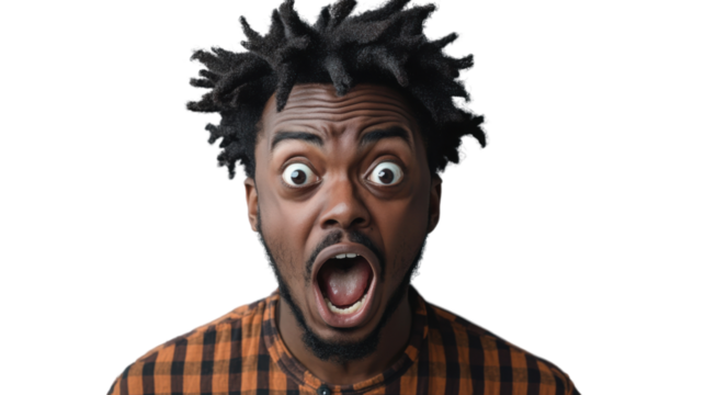 Shocked young man opening mouth in amazement on transparent background