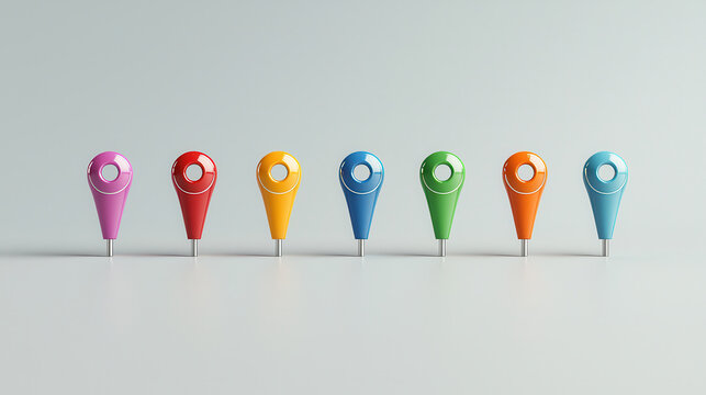 Visually striking row of seven colorful 3D location pins in various shades, showcasing vibrant design and modern aesthetics. Perfect for digital mapping and navigation concepts