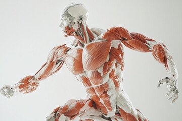Detailed anatomical illustration of the muscular system revealing muscle fibers in dynamic posture. Generative AI