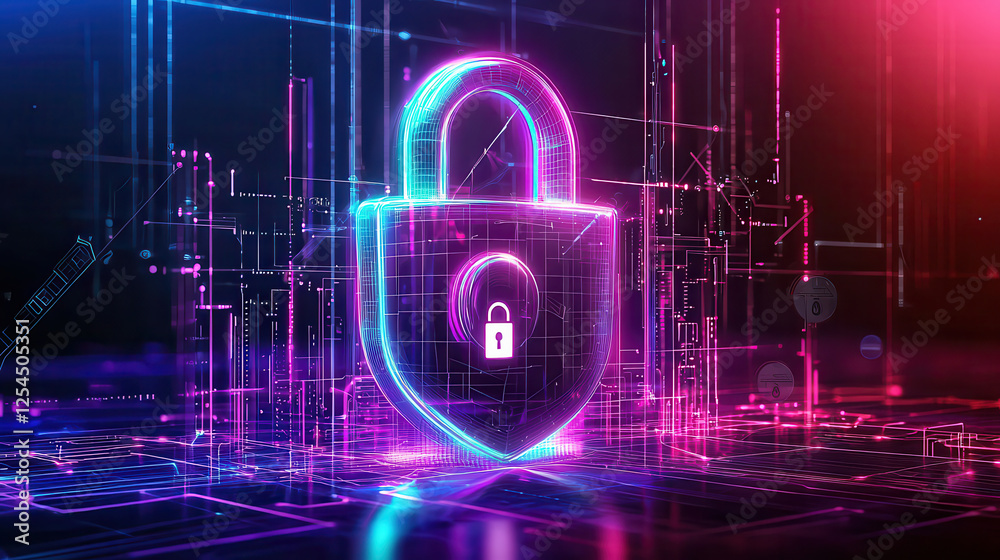 Leinwandbilder digital lock symbol representing data protection and security. vibrant neon colors and abstract back