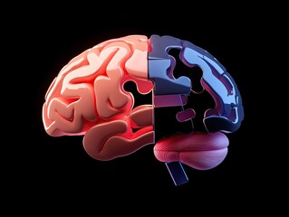 A visually striking image of a brain split into two halves, one side vibrant red and the other deep blue, showcasing contrasting elements of thought and creativity.
