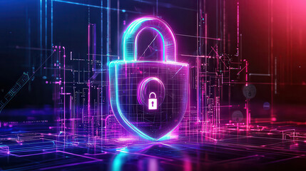 Digital lock symbol representing data protection and security. vibrant neon colors and abstract background highlight importance of cybersecurity in digital age