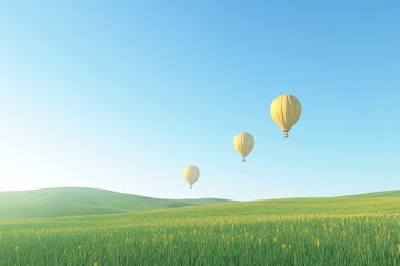 Fototapeta premium Hot air balloons gracefully drifting over a vast green field under a clear blue sky. Generative AI