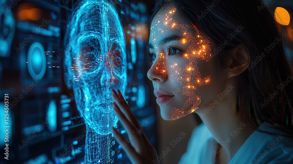 Leinwandbilder ai technology interface with woman interacting with digital face projection, showcasing advanced med
